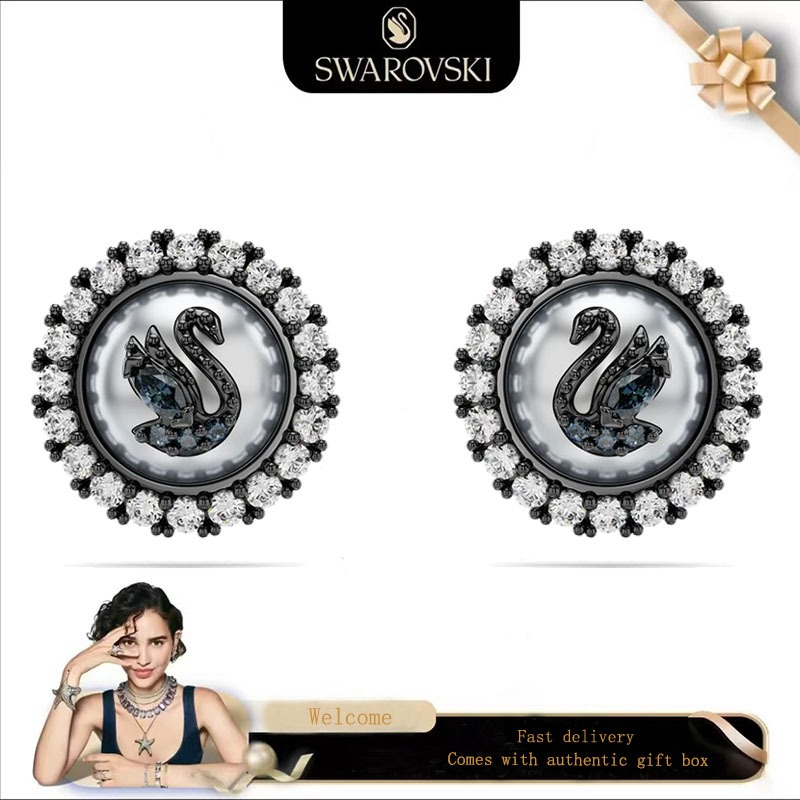 Swarovski (ใหม่)ต่างหูแฟชั่นผู้หญิง Rutenium-plated Swan พลอยคริสตัลสีเทา Swarovski Iconic Swan Stud ต่างหูของขวัญวันวาเลนไทน์ของขวัญวันเกิด