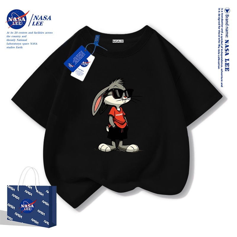NASA เสื้อยืดเด็กสไตล์อเมริกัน 2025 ผ้าฝ้ายนุ่ม แขนสั้น ลายบักส์บันนี่ สำหรับฤดูร้อน