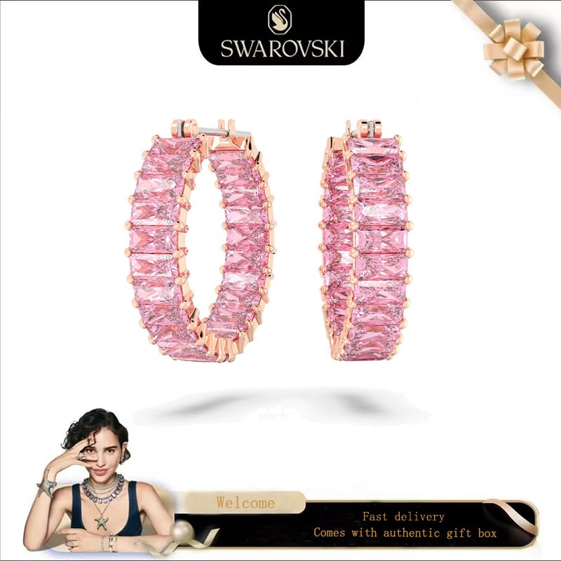 Swarovski (ใหม่)ต่างหูแฟชั่นผู้หญิง Rose Gold Baguette Cut คริสตัลสีชมพูอัญมณี Matrix Hoop ต่างหูของขวัญวันวาเลนไทน์ของขวัญวันเกิด