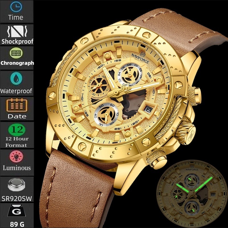 นาวีฟอร์ซ บุรุษธุรกิจกีฬานาฬิกาวันที่ส่องสว่างอะนาล็อกควอตซ์โครโนกราฟแฟชั่นสายหนังเวลากันน้ํา