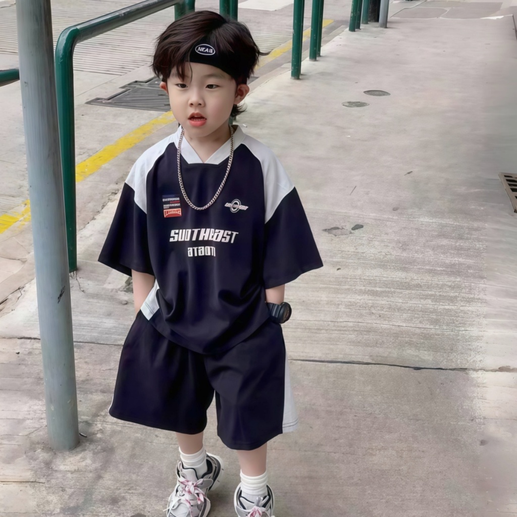 SweetKids พร้อมส่งจากกทม🌸ชุดเด็ก🍓ชุดกีฬาฤดูร้อนสําหรับเด็กผู้ชาย แห้งเร็ว การปิดกั้นสี คอวี คแขนสั้น+กางเกงขาสั้น คลองเลื่อย 2 ชิ้น - รูปที่ 4