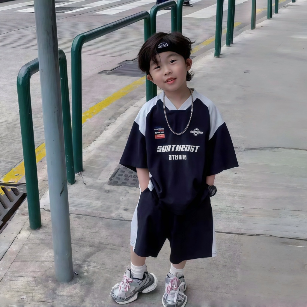 SweetKids พร้อมส่งจากกทม🌸ชุดเด็ก🍓ชุดกีฬาฤดูร้อนสําหรับเด็กผู้ชาย แห้งเร็ว การปิดกั้นสี คอวี คแขนสั้น+กางเกงขาสั้น คลองเลื่อย 2 ชิ้น - รูปที่ 5