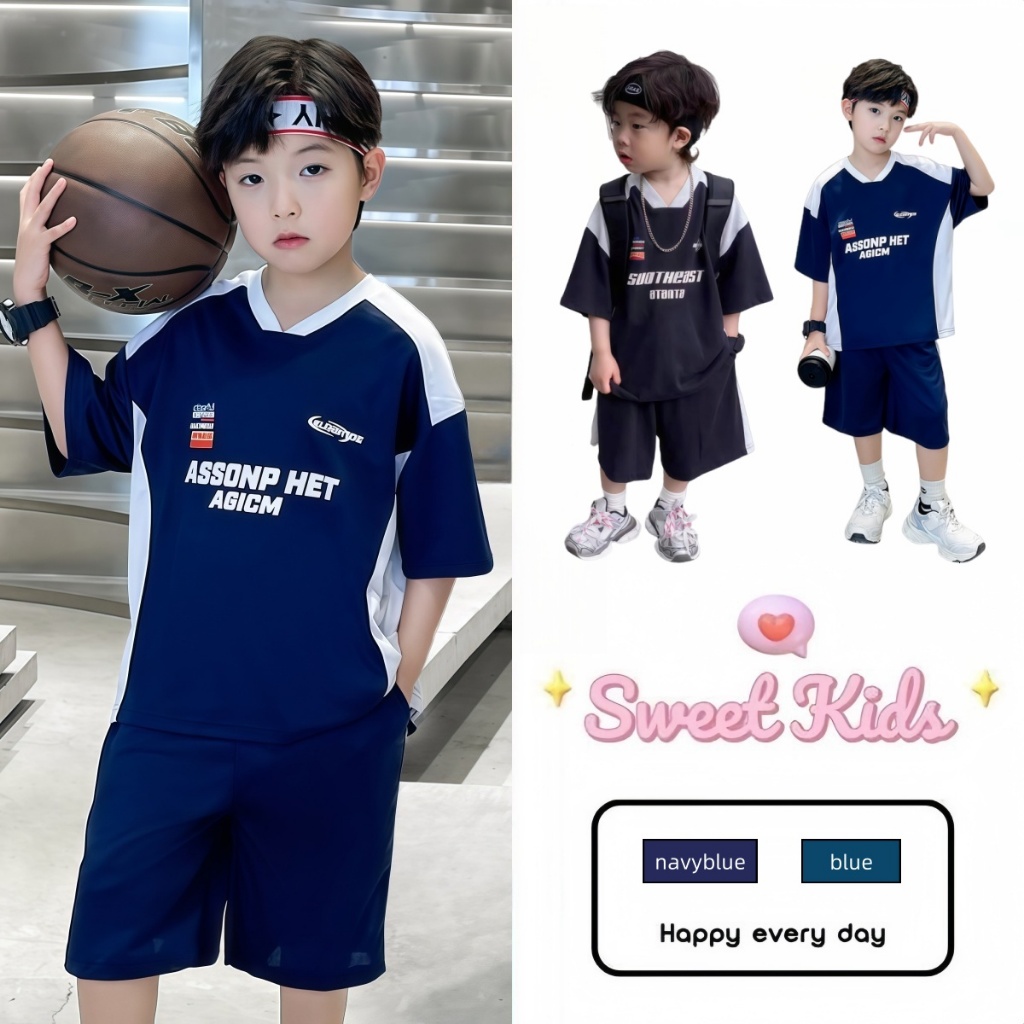 SweetKids พร้อมส่งจากกทม🌸ชุดเด็ก🍓ชุดกีฬาฤดูร้อนสําหรับเด็กผู้ชาย แห้งเร็ว การปิดกั้นสี คอวี คแขนสั้น+กางเกงขาสั้น คลองเลื่อย 2 ชิ้น