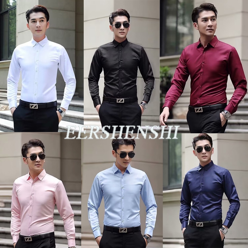 Ershenshi เสื้อเชิ้ตแขนยาวทรงสลิมสําหรับผู้ชายชุดทํางานธุรกิจเกาหลีเสื้อเชิ้ตผู้ชาย