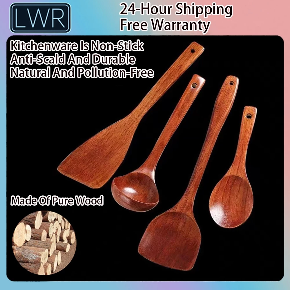 LWR 4PCS ของใช้ในครัว ตะหลิวไม้แท้ กระทะกันติด ทัพพีตักข้าว ทับพีไม้ทนร้อน ตะหลิวไม้ ตะหลิว กระบวยตักซุป ทัพพีไม้ wooden cooking utensils