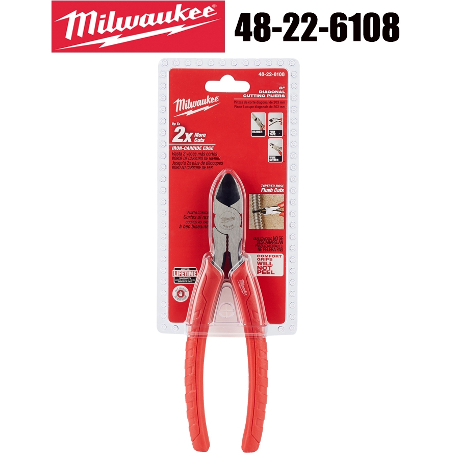 Milwaukee 48-22-6108 8" Comfort Grip คีมตัดแนวทแยงเหล็กคาร์ไบด์ขอบเกรดอุตสาหกรรมอุปกรณ์เสริมเครื่องมือช่าง
