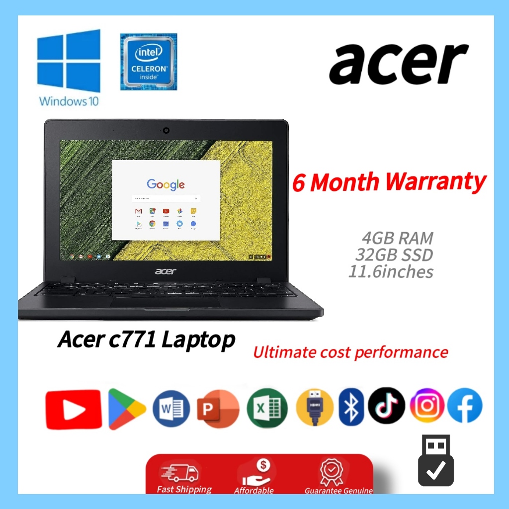 Super Value มือสอง Acer C771,Windows,4GB RAM, 32GB SSD, 256GB TF, 320GB HDD,11.6 HD จอแสดงผล IPS