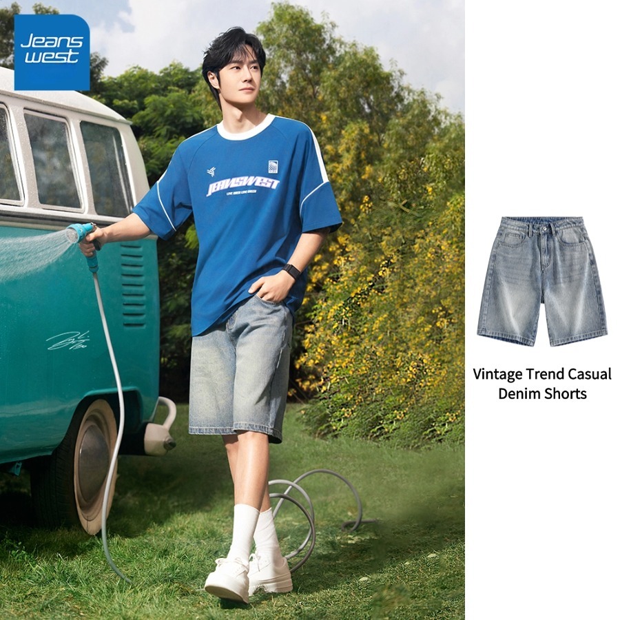 Jeanswest Wang Yibo กางเกงขาสั้นเดียวกัน 2025รุ่นล่าสุด กางเกงขาสั้นเทรนด์ unisexย้อนยุครุ่นลิมิเต็ด