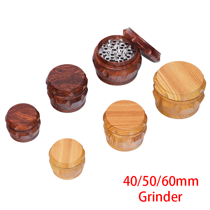 40/50 / 60mm สีเหลืองพีชเม็ดไม้สี่ชั้น herb grinder วัสดุโลหะมือหมุนเครื่องบดอุปกรณ์เสริมเครื่องมือ