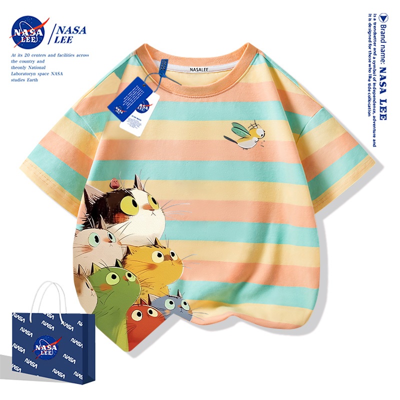 NASA เสื้อยืดแขนสั้นลายทางสีเหลืองและสีน้ำเงินผ้าฝ้ายแท้ลายการ์ตูนแมว รุ่นใหม่ 2025 สำหรับเด็กชายและเด็กหญิง สวมใส่ง่ายและทันสมัย