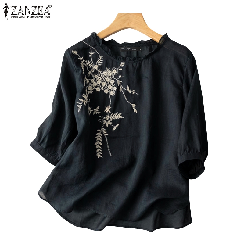 Zanzea ผู้หญิงเกาหลีทํางานลําลองเย็บปักถักร้อยพัฟแขน Ruffles เสื้อ