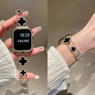 Clover Charm สายคล้อง + เพชรสําหรับ Series 11 10 9 8 7 6 5 SE 4 3 2 1 Ultra 3 2 Hollow ฝาครอบ iWatch 46 มม.42/49/45/41/40 มม.44 มม.38 มม.42 มม.ส่องแสง Band + Shining Diamond Case