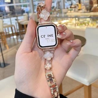 Clover Charm สายคล้อง + เพชรสําหรับ Series 11 10 9 8 7 6 5 SE 4 3 2 1 Ultra 3 2 Hollow ฝาครอบ iWatch 46 มม.42/49/45/41/40 มม.44 มม.38 มม.42 มม.ส่องแสง Band + Shining Diamond Case