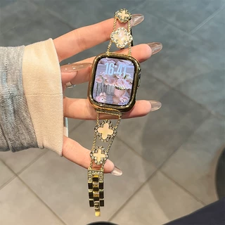 Clover Charm สายคล้อง + เพชรสําหรับ Series 11 10 9 8 7 6 5 SE 4 3 2 1 Ultra 3 2 Hollow ฝาครอบ iWatch 46 มม.42/49/45/41/40 มม.44 มม.38 มม.42 มม.ส่องแสง Band + Shining Diamond Case