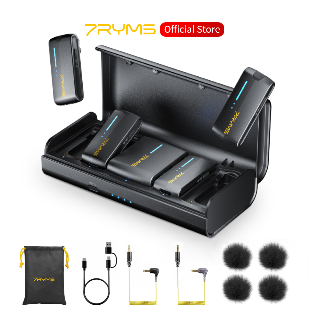 7ryms iRay DW40 ไมโครโฟนแบบหนีบเสื้อไร้สายขนาดเล็กสี่ช่อง, คลิปไร้สาย 2.4G บนไมโครโฟนพร้อมเคสชาร์จ, 