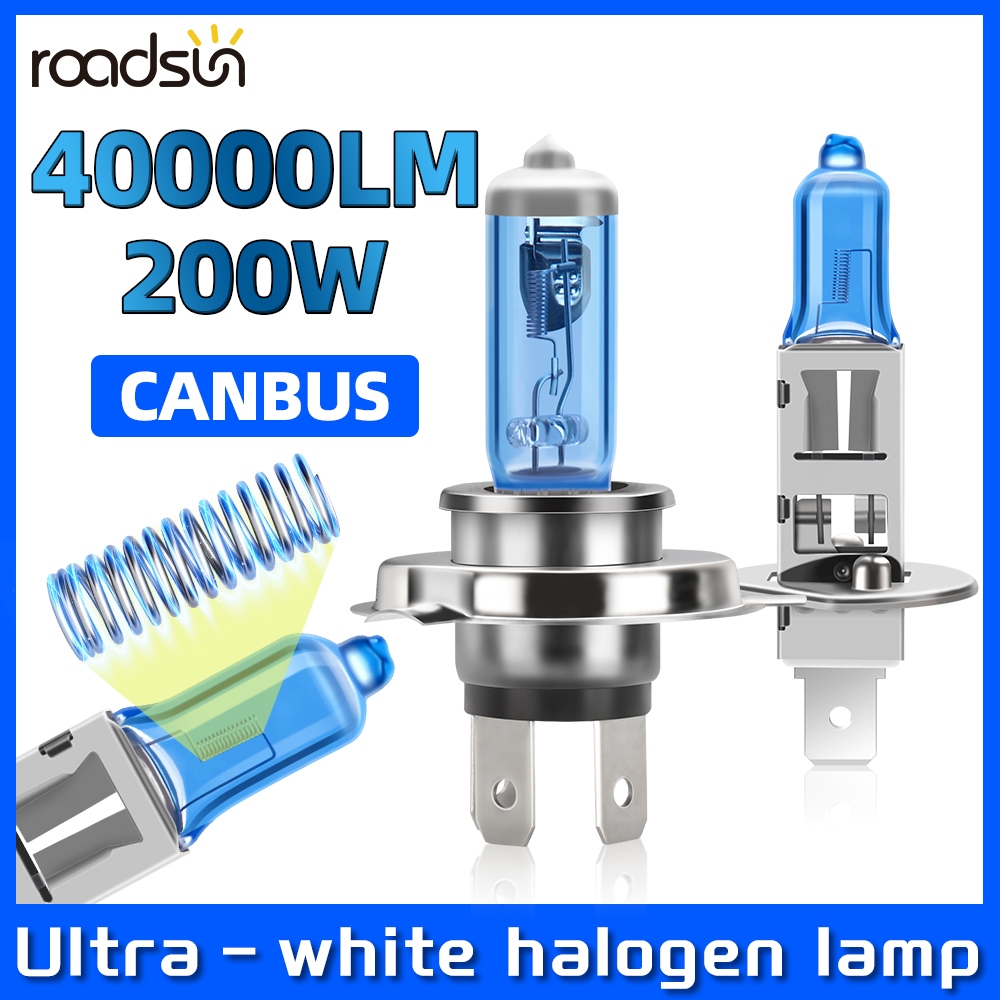Roadsun 2pcs H1 H4 H7 H8 H9 9005 9006 H11 H13 Super White ฮาโลเจนไฟหน้ารถหลอดไฟ 40000LM 200W 900% ความสว่าง ฮาโลเจนสีขาวพิเศษ อายุการใช้งานยาว Plug And Play กันน้ํา