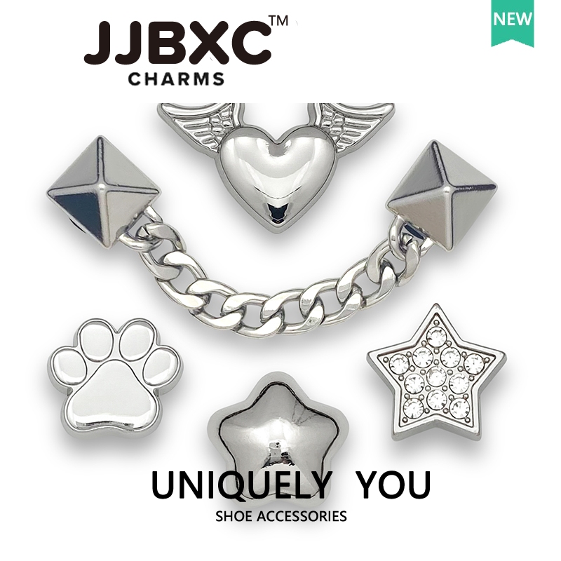 JJBXC ตัวติดรองเท้า charm หัวเข็มขัดปีกโลหะสีเงิน รูปดาวห้าแฉก น่ารัก สำหรับตกแต่งรองเท้า อุปกรณ์ตกแต่งรองเท้า