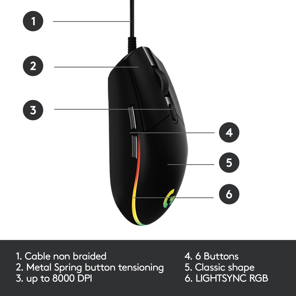 Logitech G102 LIGHTSYNC Gaming Mouse (Black) 8,000 DPI (เมาส์เกมมิ่ง พร้อมไฟ RGB)