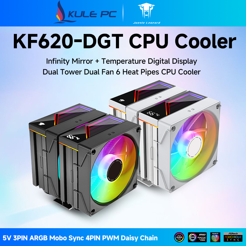 Jungle Leopard KF620-DGT Digital ARGB CPU Cooler สีดํา/สีขาว 6 ท่อความร้อนอุณหภูมิดิจิตอลจอแสดงผล Infinity Mirror ฝาครอบด้านบน 5V 3PIN ARGB Mobo Sync สําหรับ Intel LGA1155 AMD AM4