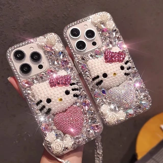 น่ารักKittyแมวเคสโทรศัพท์Vivo V70 FE V60 Lite 5G V50 V40 V30 Pro V30e V29 V29e V27 V27e V25 V25e V23 V23 V21eปลอกหรูหราBlingฝาครอบเพชรคริสตัลเชือกเส้นเล็ก