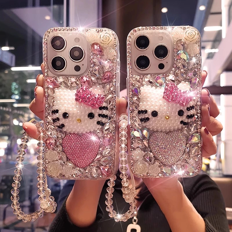 น่ารักKittyแมวเคสโทรศัพท์Vivo V70 FE V60 Lite 5G V50 V40 V30 Pro V30e V29 V29e V27 V27e V25 V25e V23 V23 V21eปลอกหรูหราBlingฝาครอบเพชรคริสตัลเชือกเส้นเล็ก