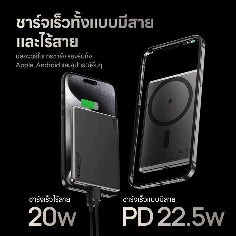 [CCC+ Qi2+ TISI]Uneed powerbank พาวเวอร์แบงค์ 12000/6000mAh portable charger PD 22.5W, power bank powerbank 10000 mah แท้ แบตสํารอง thumbnail 6