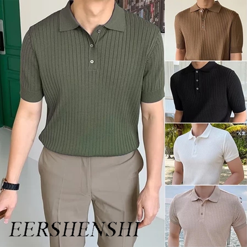 EERSHENSHI เสื้อโปโล คอปก แขนสั้น ติดกระดุม เข้ารูป ระบายอากาศได้ดี ลําลอง สไตล์เรียบง่าย สําหรับผู้ชาย ลายขวาง เกาหลี เสื้อโปโล เหมาะกับฤดูร้อน