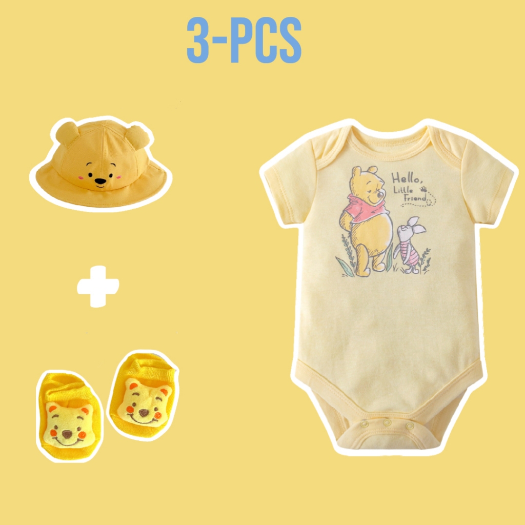ชุดจั๊มสูทเด็กแรกเกิด เด็กผู้ชาย ดิสนีย์ สีเหลือง หมีพูห์ ชุดเด็กน่ารัก เด็กชาย ผ้าฝ้าย แขนสั้น เสื้อผ้า