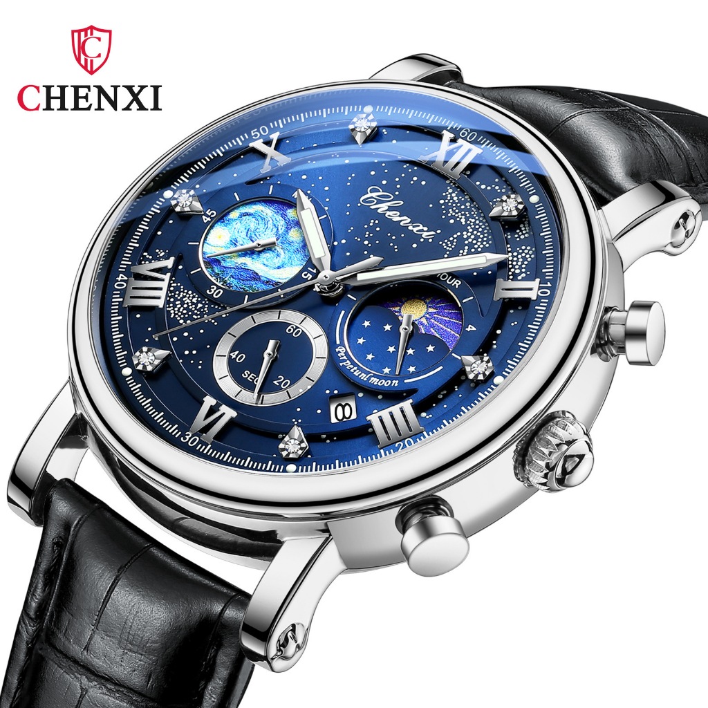 CEHNXI 972 Quartz นาฬิกาผู้ชาย Starry Sky Disc แฟชั่นมัลติฟังก์ชั่น Luminous Moon Phase ปฏิทิน