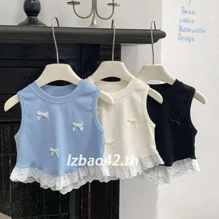 เสื้อแขนกุดสไตล์สาว  ปักโบลายลูกไม้นุ่มสบาย ปักโบว์สามมิติ ผ้านิ่ม ใส่สบาย Girl's cute top 【lzbao42.th】