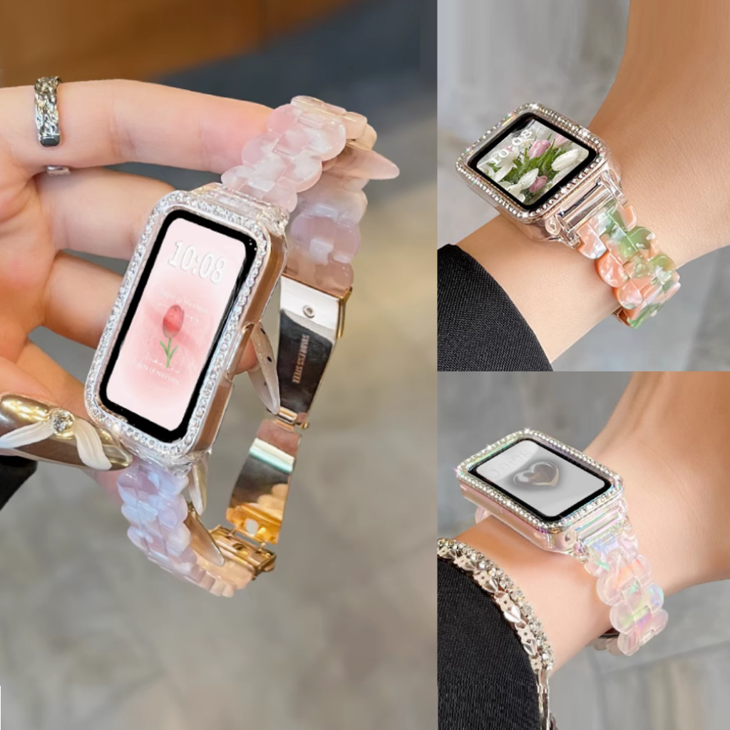 Dreamy Resin Watch Strap + Case Compatible For Huawei Band 10 สาย Huawei Band 9/ 6/ Huawei Band 7 เค