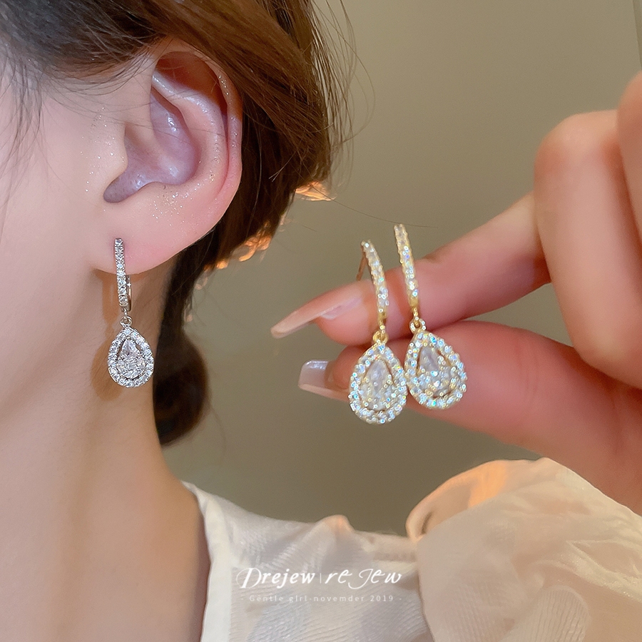 เดรเจว 18เค ทองแท้ชุบด้วยไฟฟ้าเพทายหยดน้ําหูฟังรูปตัวยูฝรั่งเศสที่สวยหรูและทันสมัยต่างหูแสงหรูหราระดับไฮเอนด์ต่างหู