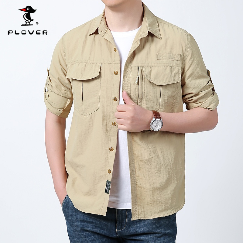 Plover เสื้อเชิ้ตแขนยาวสําหรับผู้ชายหลายกระเป๋ากลับระบายอากาศหลุมเสื้อแห้งเร็วเสื้อต่อสู้กองทัพมัลติฟังก์ชั่น-สีกากี