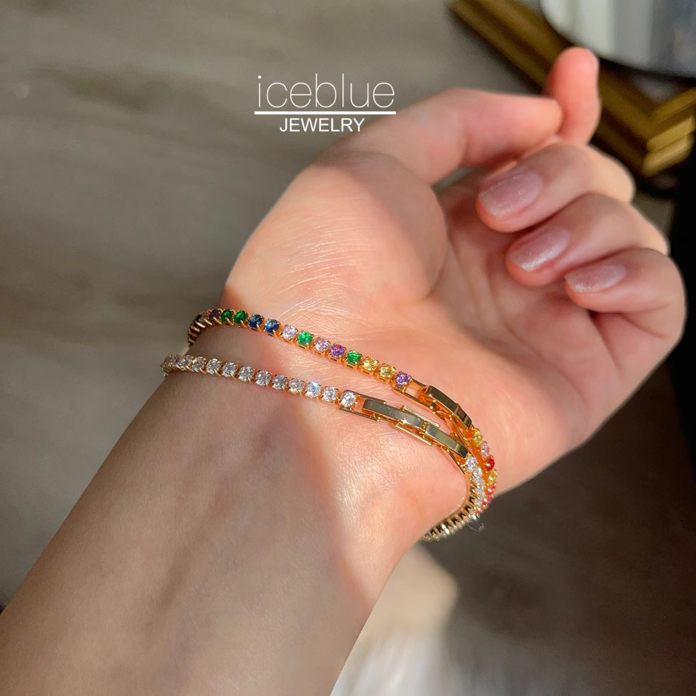 Iceblue-Colorful Zircon เพชรลูกปัดสร้อยข้อมือ 18K Gold Plated Titanium Steel Hypoallergenic กันน้ํา Non Tarnish Unisex สร้อยข้อมือสําหรับผู้หญิงผู้ชาย B23
