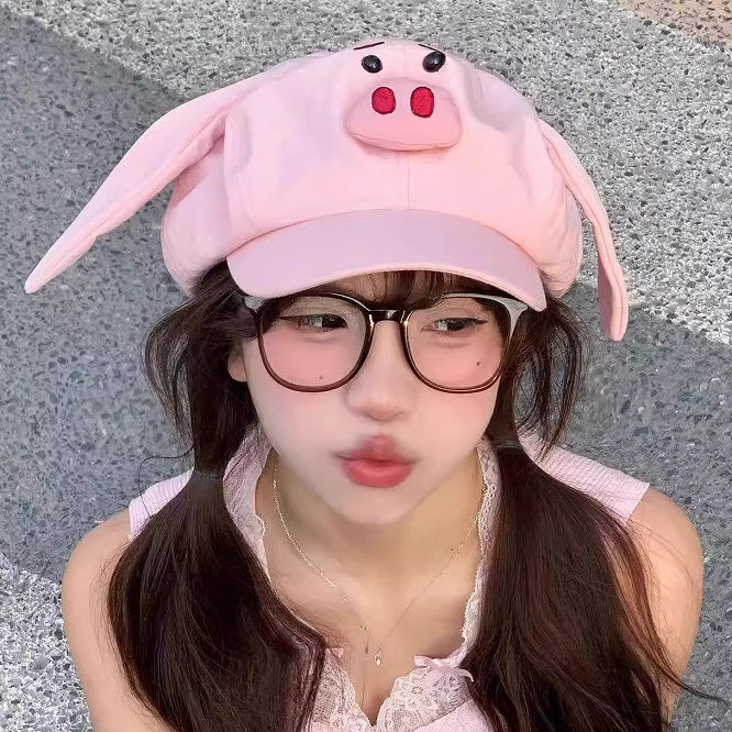 สาว ไทอี้ หูใหญ่สีชมพูบินหมู หมวกเบเรต์ หญิงฤดูใบไม้ผลิฤดูร้อนน่ารักการ์ตูนหมวกตลกแปดเหลี่ยมหมวก