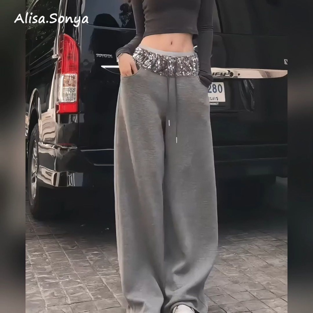 Alisa.Sonya กางเกงขากว้าง ผู้หญิง ลำลอง เอวยืด ปักเลื่อม สีเทา 24AS1232
