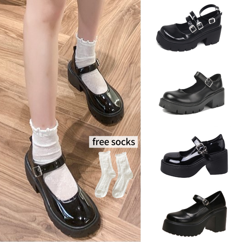 รองเท้าหนังสีดําสําหรับผู้หญิงรองเท้าแมรี่เจนรองเท้าส้นสูงพื้นหนารองเท้าโลลิต้า