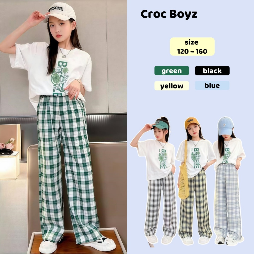 Croc Boyz พร้อมส่ง กางเกงลายสก๊อตสำหรับเด็กผู้หญิง กางเกงกันยุงฤดูร้อน ขาตรงทรงหลวม บางเบาและทันสมัย ไซส์ 120-160