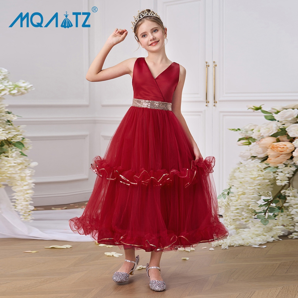 Mqatz อย่างเป็นทางการ V คอชุดราตรีสําหรับเสื้อผ้าเด็กเลื่อมชุดเจ้าหญิง Elegant Gown 8 12 ปี ALP-0063