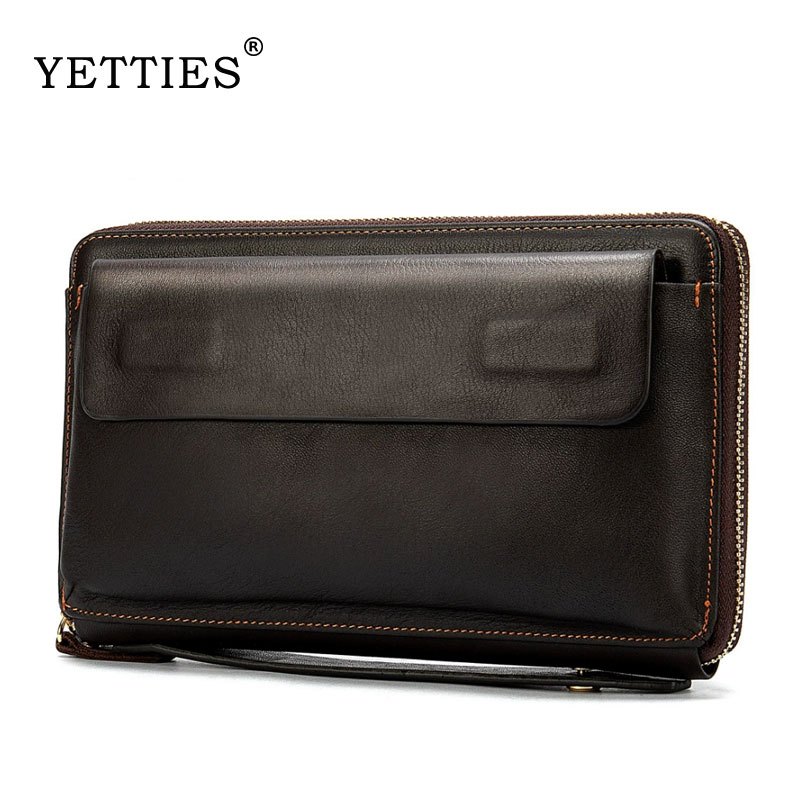 YETTIES กระเป๋าคลัทช์กระเป๋าสตางค์หนังวัวแท้ใบยาว 6.7 นิ้วสําหรับผู้ชาย phone