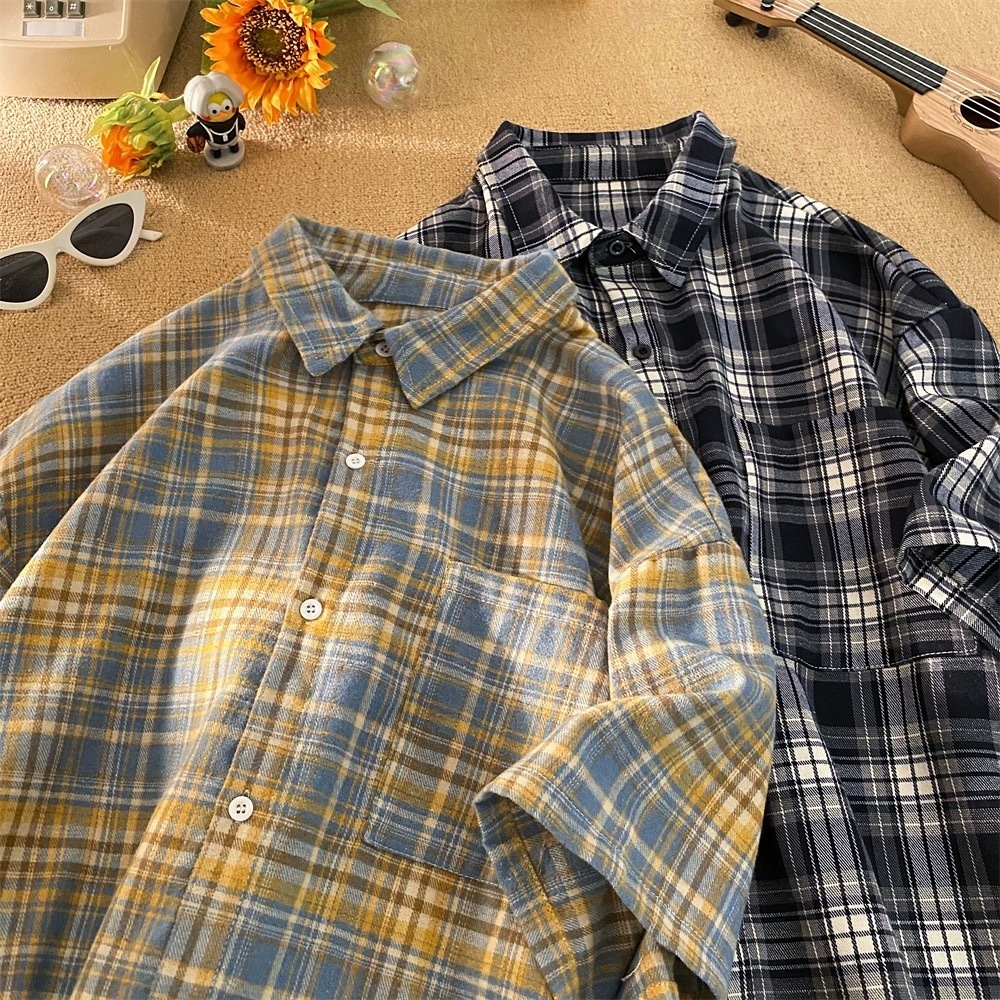 เสื้อเชิ้ตแขนสั้นลําลอง ทรงหลวม ลายสก๊อต แฟชั่นฤดูร้อน สไตล์ฮ่องกง สําหรับผู้ชาย ราคา ถูกที่สุด ดีลบีเคเค แกลเลอรีภาพที่ 6