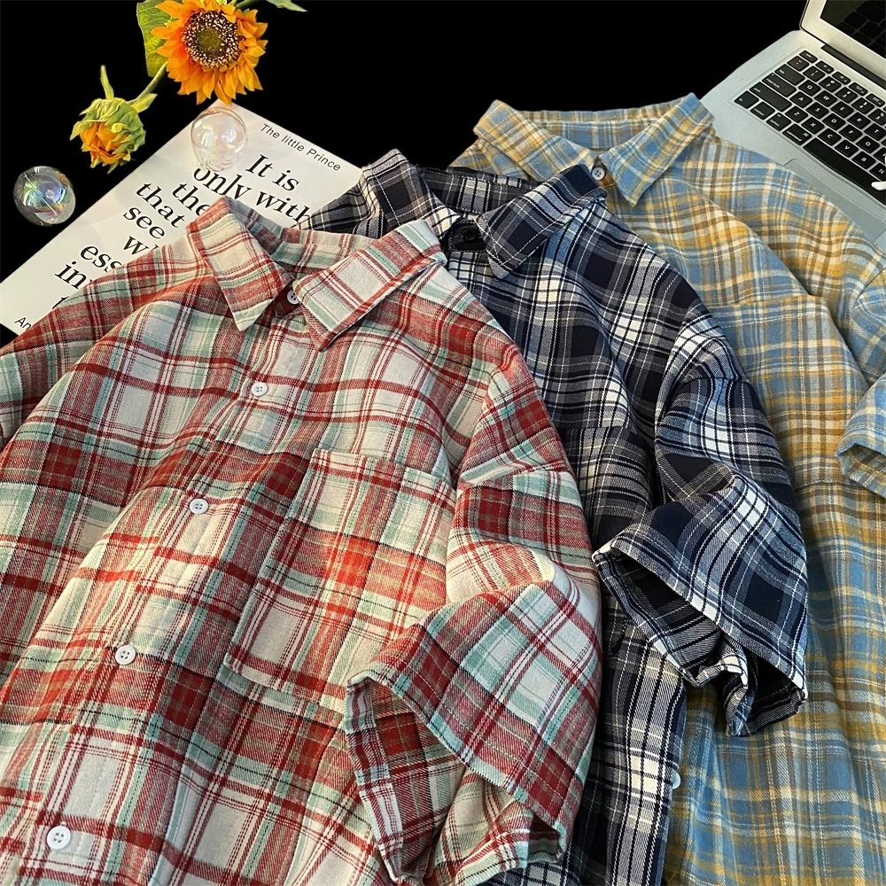 เสื้อเชิ้ตแขนสั้นลําลอง ทรงหลวม ลายสก๊อต แฟชั่นฤดูร้อน สไตล์ฮ่องกง สําหรับผู้ชาย ราคา ถูกที่สุด ดีลบีเคเค แกลเลอรีภาพที่ 8