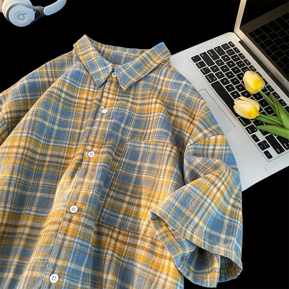 เสื้อเชิ้ตแขนสั้นลําลอง ทรงหลวม ลายสก๊อต แฟชั่นฤดูร้อน สไตล์ฮ่องกง สําหรับผู้ชาย ราคา ถูกที่สุด ดีลบีเคเค แกลเลอรีภาพที่ 9