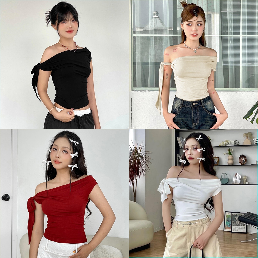Latata -Women tiddings One Shoulder Tops Slim สีทึบ Ruched Slash คอ Tie-Up แขนสั้น Crop เสื้อยืดสําหรับฤดูร้อน