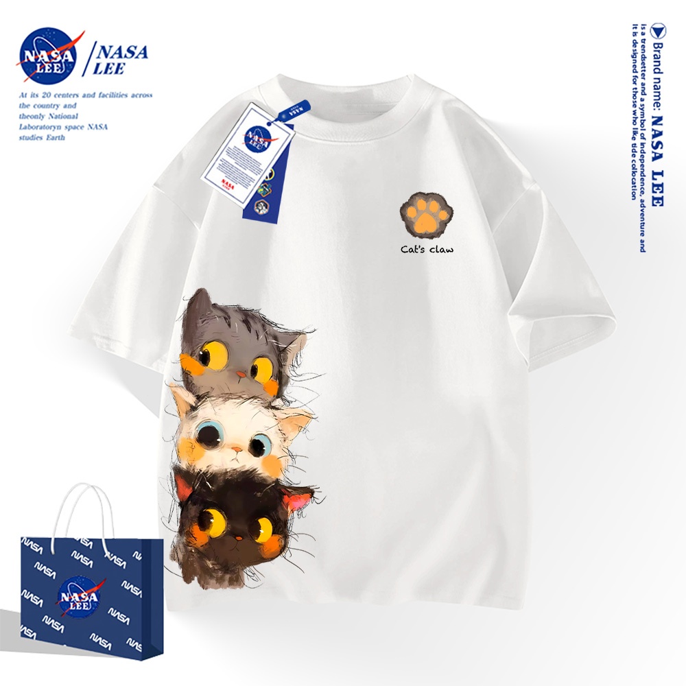 NASA เสื้อยืดสไตล์อเมริกัน ผ้าฝ้าย100% แขนสั้น ลายแมวขี้กลัว สำหรับผู้ชายและผู้หญิง