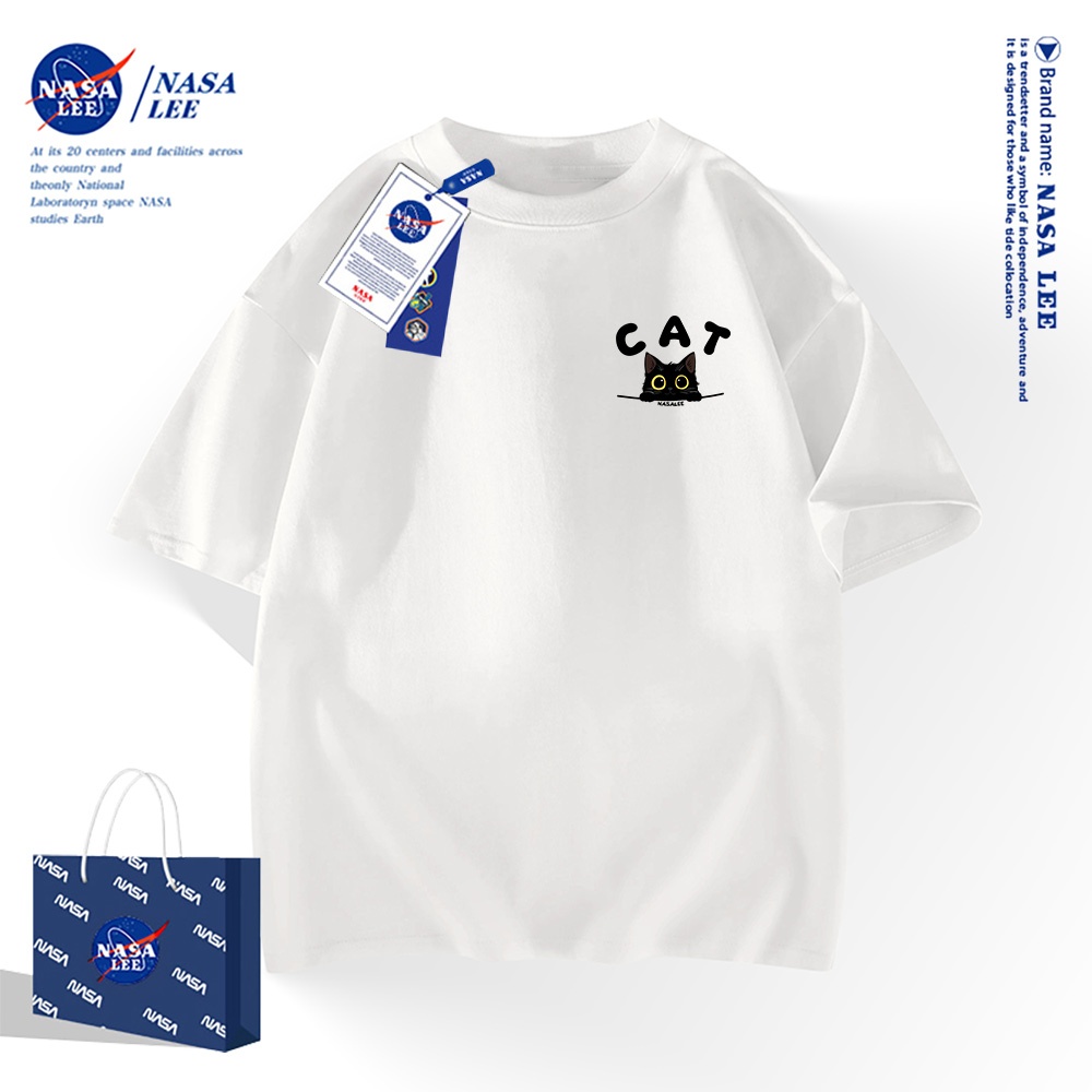 NASA เสื้อยืดสไตล์อเมริกัน ผ้าฝ้าย100% แขนสั้น ลายแมวปีนกำแพง สำหรับผู้ชายและผู้หญิง