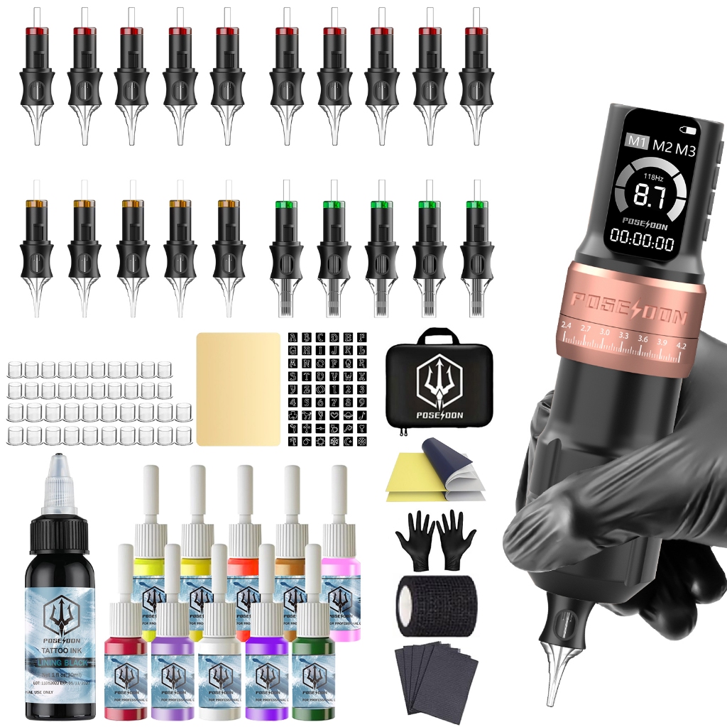 Poseidon Tattoo Kit- เครื่องสักจังหวะปรับได้พร้อมตลับเข็มสัก 20 ชิ้น, จอแสดงผล LED ดิจิตอลและความจุ 2300mAh พลังงานไร้สายสําหรับผู้เริ่มต้นและศิลปิน