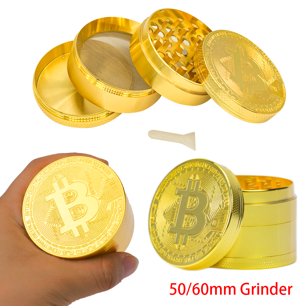 เครื่องบดสมุนไพรรูปตัว Bitcoin 50/60 มม. – เครื่องบดแบบแมนนวลโลหะ 3/4 ชั้นสําหรับห้องครัวและเครื่องเทศ
