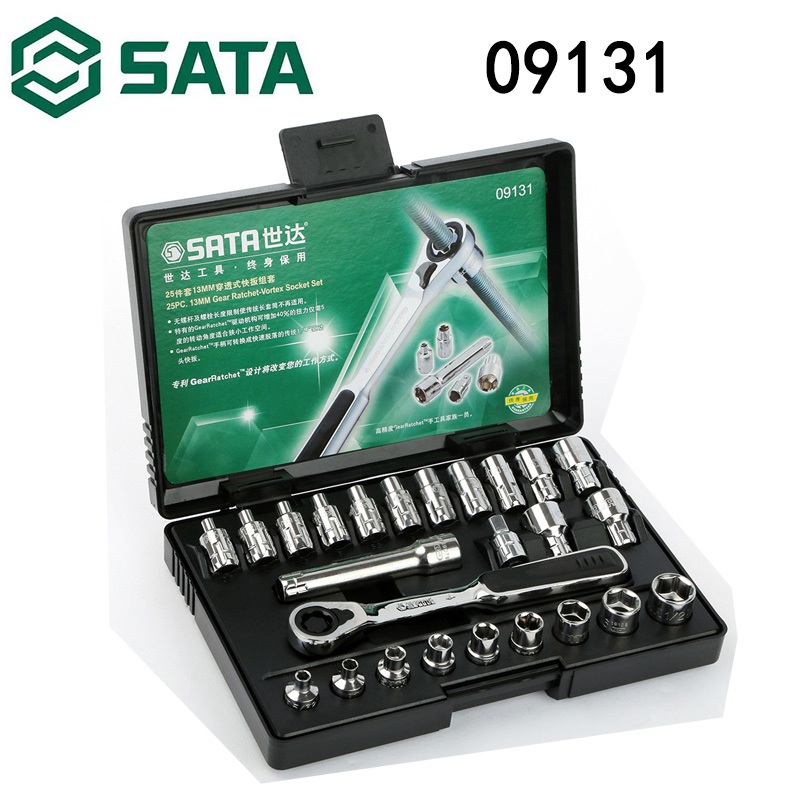 Sata 09131 Penetrating Ratchet Sleeve Set Full Series Set 25 ชิ้น 13 มม.Series Penetrating Sleeve