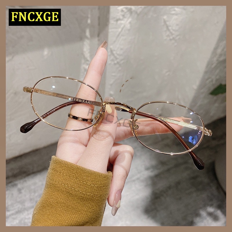 Fncxge ผู้หญิงสายตาสั้นแว่นตา0 ~-600คอมพิวเตอร์ย้อนยุคป้องกันรังสีแสงสีฟ้าแว่นตาผู้ชายแบรนด์เดิมรูปไข่กรอบโลหะ ไม่จํากัดเพศ แว่นตาสายตาสั้น